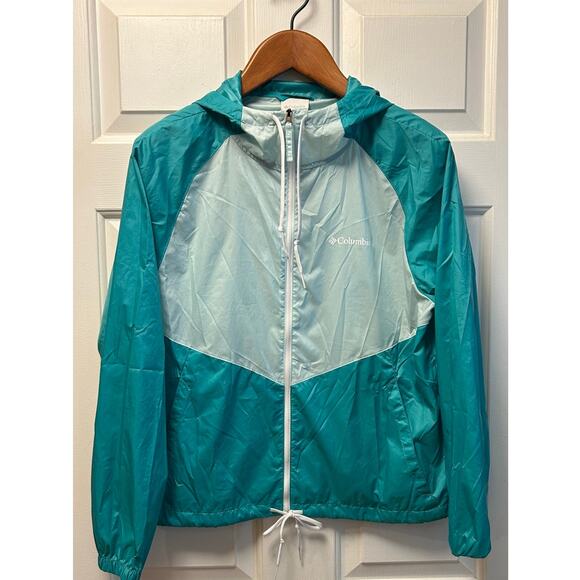 Columbia Aqua & White Colorblock Hooded Windbreaker Jacket, Size M - Picture 1 of 6